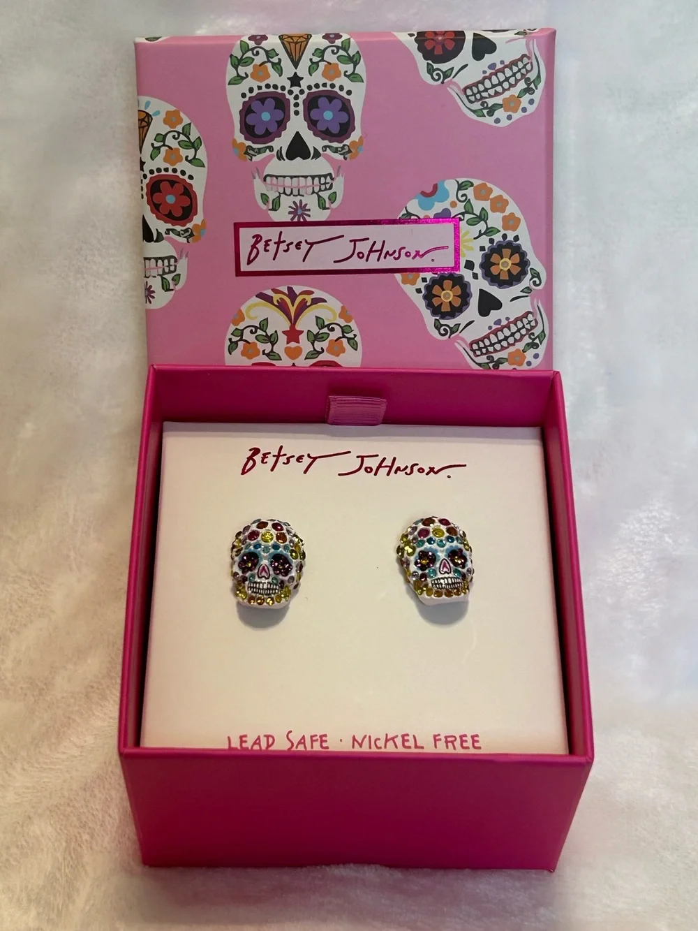 Betsey Johnson White Sugar Skull Crystal Stud Earrings NWT